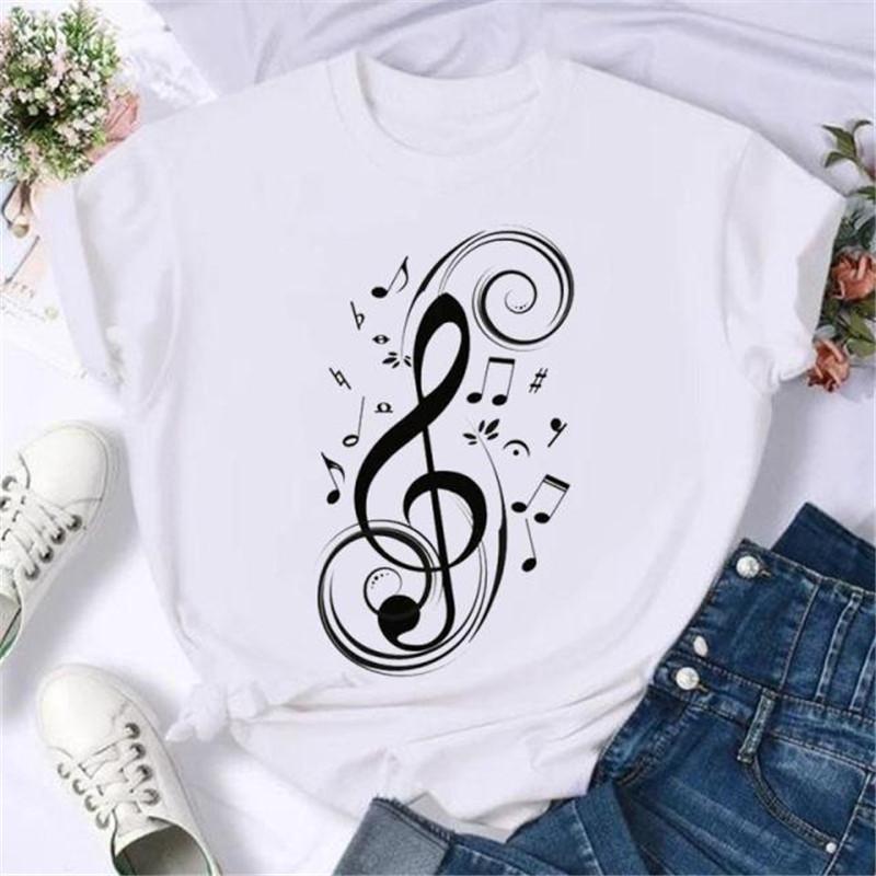 Maycaur Fashion Musical Note Printed Women T Shirt Harajuku Short Sleeve Funny T-Shirt Cute Cartoon Top Tees Female Clothes
