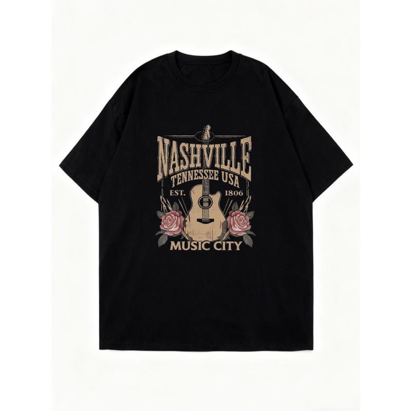 Oversized T-Shirt Black Nashville Tennessee Usa Music City Guitar And Roses Print Casual Streetwear For Women