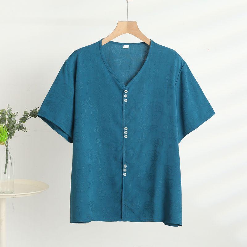 

Artificial Cotton Short sleeve Top Women Summer Thin Bourette Middle-aged Women Dress Bottoming Shirt Plus size Loose All-Match Casual T-shirt Lake Blue 5XL