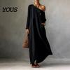Retro Style Dress Summer Maxi for Women, Casual Loose One Shoulder Long Everyday Wear Sleeve Dress, Flowy Beach Vacation Sundress wwith Pockets Simple