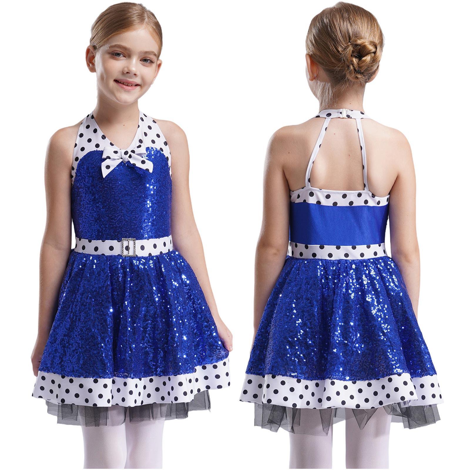 

Детский балетный купальник в горошек для девочек, платье-пачка с бретелькой через шею без рукавов, сетка, с пайетками, бантом, гимнастический костюм принцессы для фигурного катания 7-8 Years синий