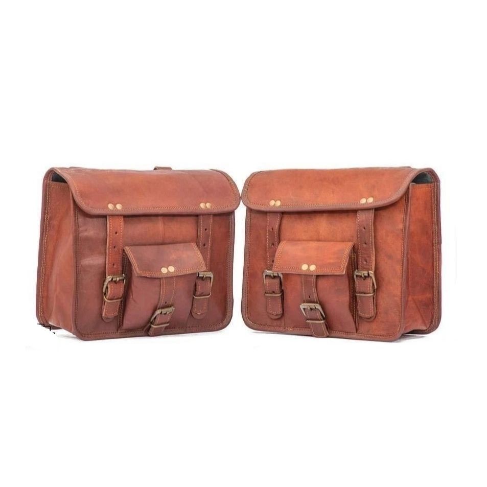 

2 Side All Motorcycle Pouch Brown Leather Bags Pouch Saddlebags Panniers Saddle 15 x 11 x 4 in