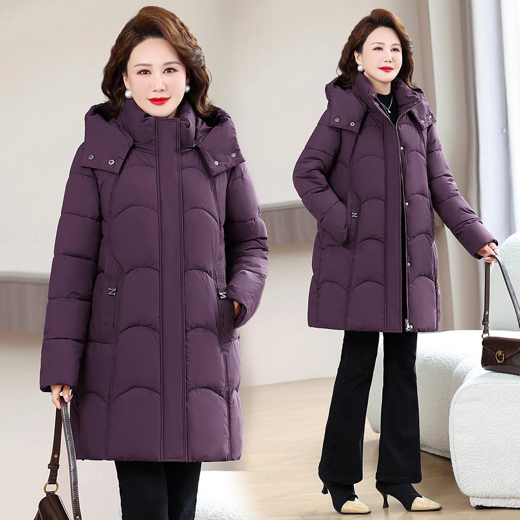 Baumwollkleidung für mittlere und ältere Menschen, mittellange und lange Damenbekleidung für Mütter, abnehmbare Kapuze, verdickte warme und dünne Jacke, neu im Winter
