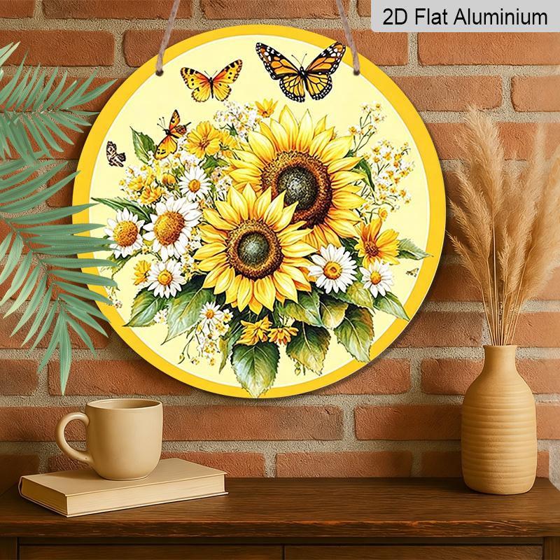 2D Flat, 1pc Round Aluminum Hanging Sign, Bright Sunflower & Monarch Butterfly Metal Wall Art, Floral Daisy Bouquet Design, Perfect for Garden