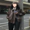 Women's Retro Brown & Black Leather Motorcycle Jacket - Spring/Autumn Loose Outerwear
