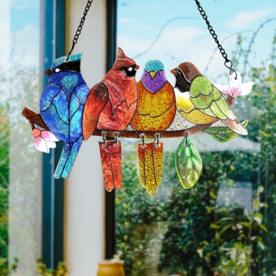 Birds On A Branch Suncatcher Stained Glass Acrylic Window Hanging Decoration with 4