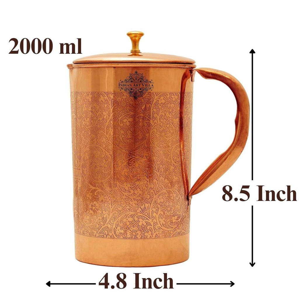 Full Embossed Design Copper Jug Pitcher with Brass Knob, Storage & Serving Water, Yoga Ayurveda Healing, Volume- 2000 ML