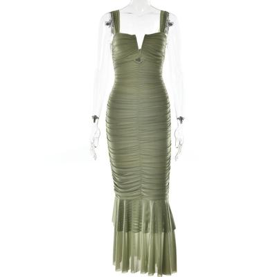 Summer Halter Splicing Sexy Tight Pleated Fishtail Dresses