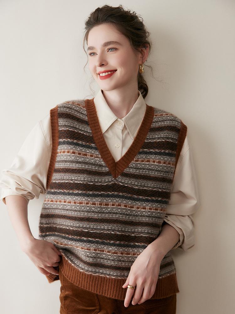 Women's Retro Color Block Cashmere Vest - 2025 Spring/Autumn V-Neck Sleeveless Knit Pullover