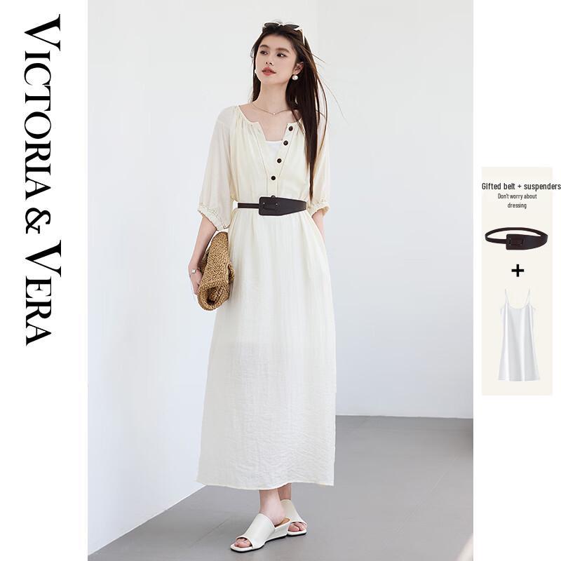 

VICTORIA&VERA Women s Mid-Sleeve Cotton Linen Maxi Dress with Belt M