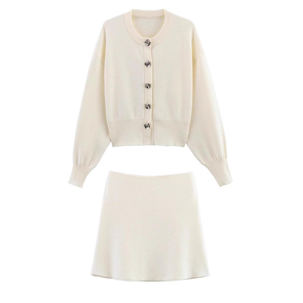 Autumn Women's Knit Cardigan and Skirt Set with Round Neck and Long Sleeves