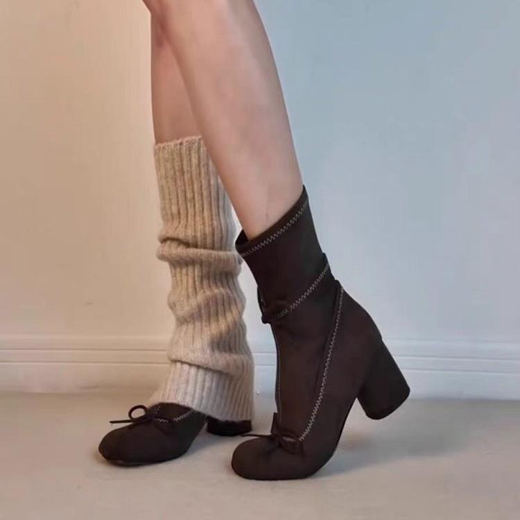 Sheepskin version~ Korean daughter bow thin boots women's comfortable round head sleeve thick heel Martin boots fashion boots