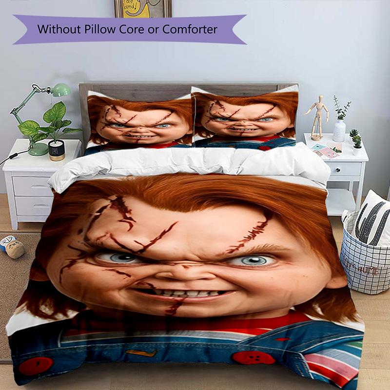 3pcs Duvet Cover Set (1*Duvet Cover + 2*Pillowcase, Without Core), Bride of Chucky Print Bedding Set, Bedroom Decor, All‑Season, Birthday Gift