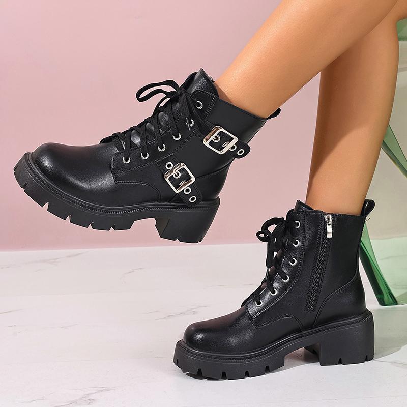 Fashion Women's Chunky Heel Combat Boots Black PU Leather Platform Ankle Boots for Women Fashion Buckle Strap Lace Up Motorcycle Booties