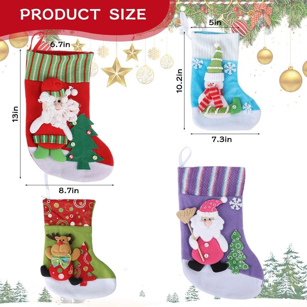 Set of 4 Christmas Decorations Stockings 2 Size Santa, Snowman, Reindeer Socks Hangings Christmas Tree Decoration Items Gifts Stocking Set
