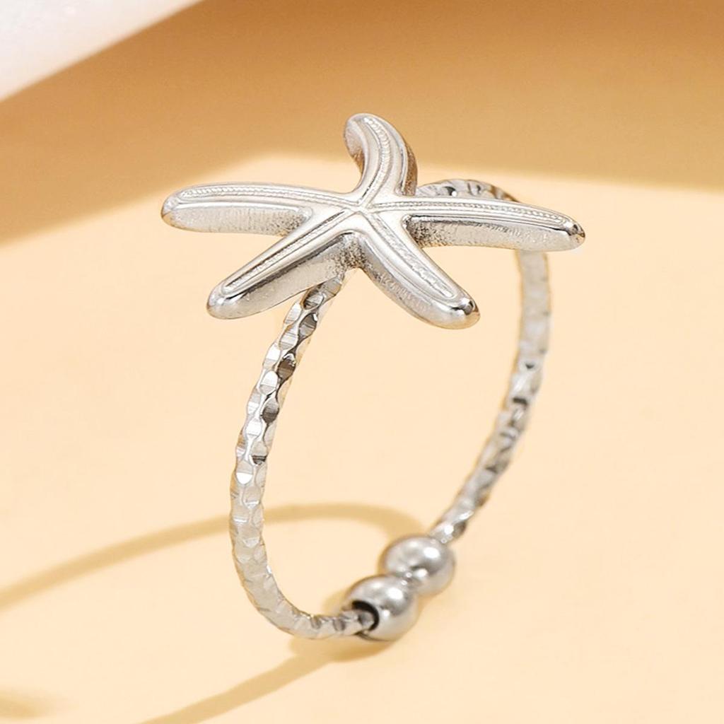 Ocean Series Starfish Open Ring - Casual Resort Style Stainless Steel Accessory
