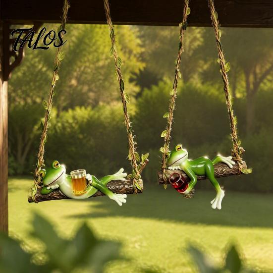 Whimsical Tree Hanging Sculpture 2Pcs Swing Frog Garden Statue with Hemp Rope, Ornament Beer/Wine Creative Landscaping Gifts for Outdoor Decor,