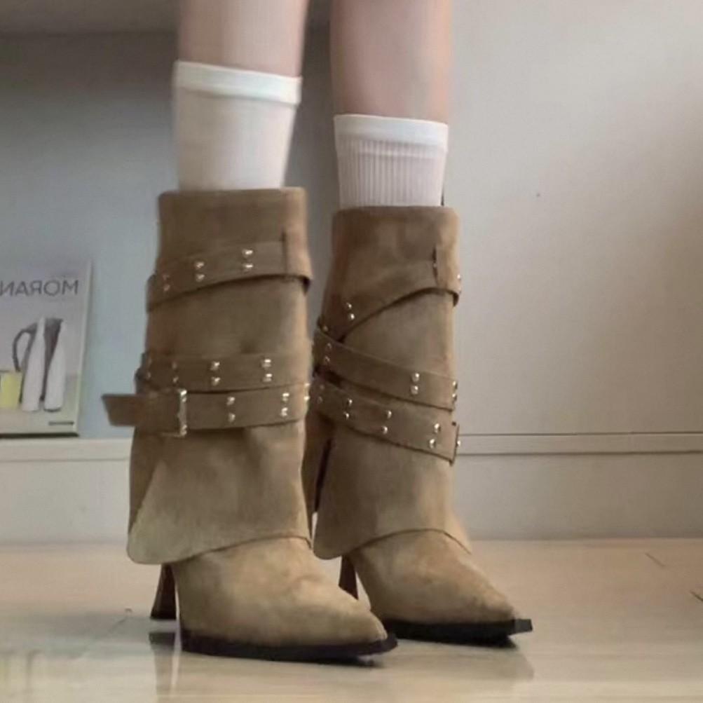 Thick-heeled retro mid-tube pointed boots 2025 new solid-color trouser tube boots mid-heel pleated western cowboy stacking boots