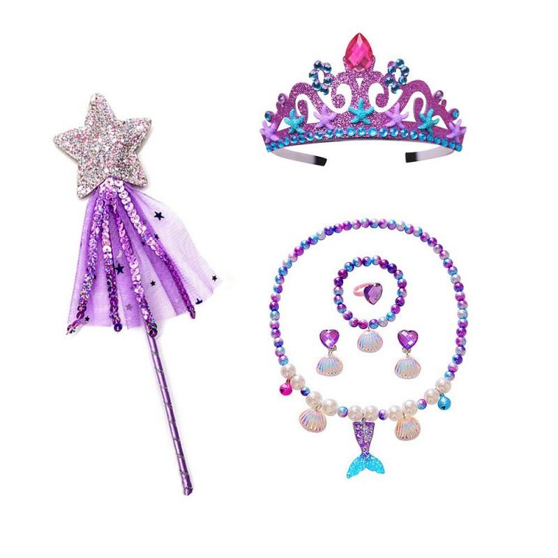 Meerjungfrauenkostüm Kleid Mädchen 3-8 Jahre Prinzessinnen-Partykleid Mit Halskette Krone Zauberstab Zubehör-Set