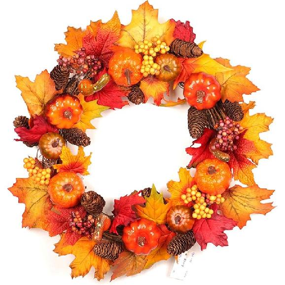 Thanksgiving Wreath for Front Door Lighted Fall Harvest Wreath with Maple Leaf for Front Door Wall Decor Thanksgiving Decorations - 12 Inches Pumpkin Wreath With Light