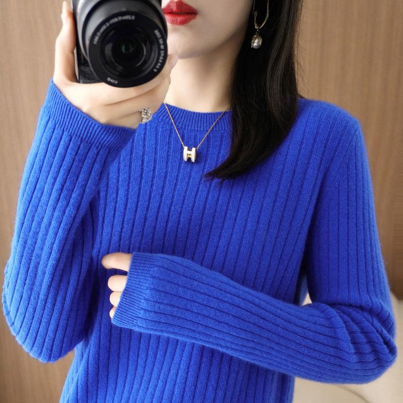 

Женские свитера 2025 Осень Зима Пуловеры с длинным рукавом О-образный вырез Полоска Теплый пуловер Корейская мода Базовые рубашки Свободный джемпер XXL