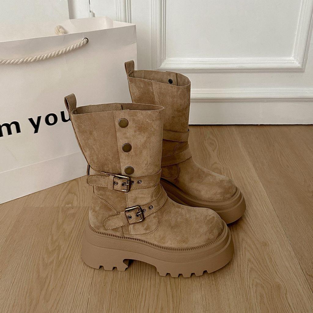 Women's British-Style Thick-Soled Mid-Calf Martin Boots for Autumn/Winter Height Boost