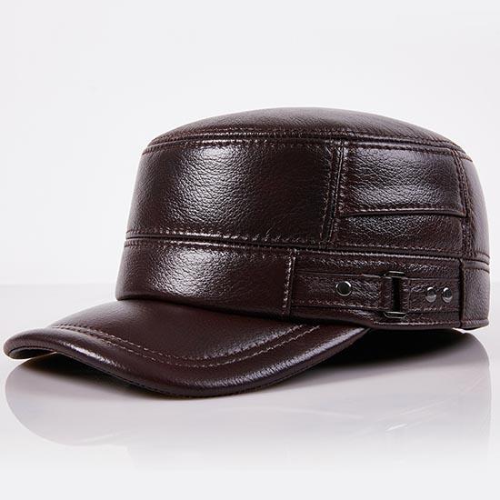 Flat Top Warm Winter Hat for Elderly Men Genuine Leather Dad Cap with Ear Flaps