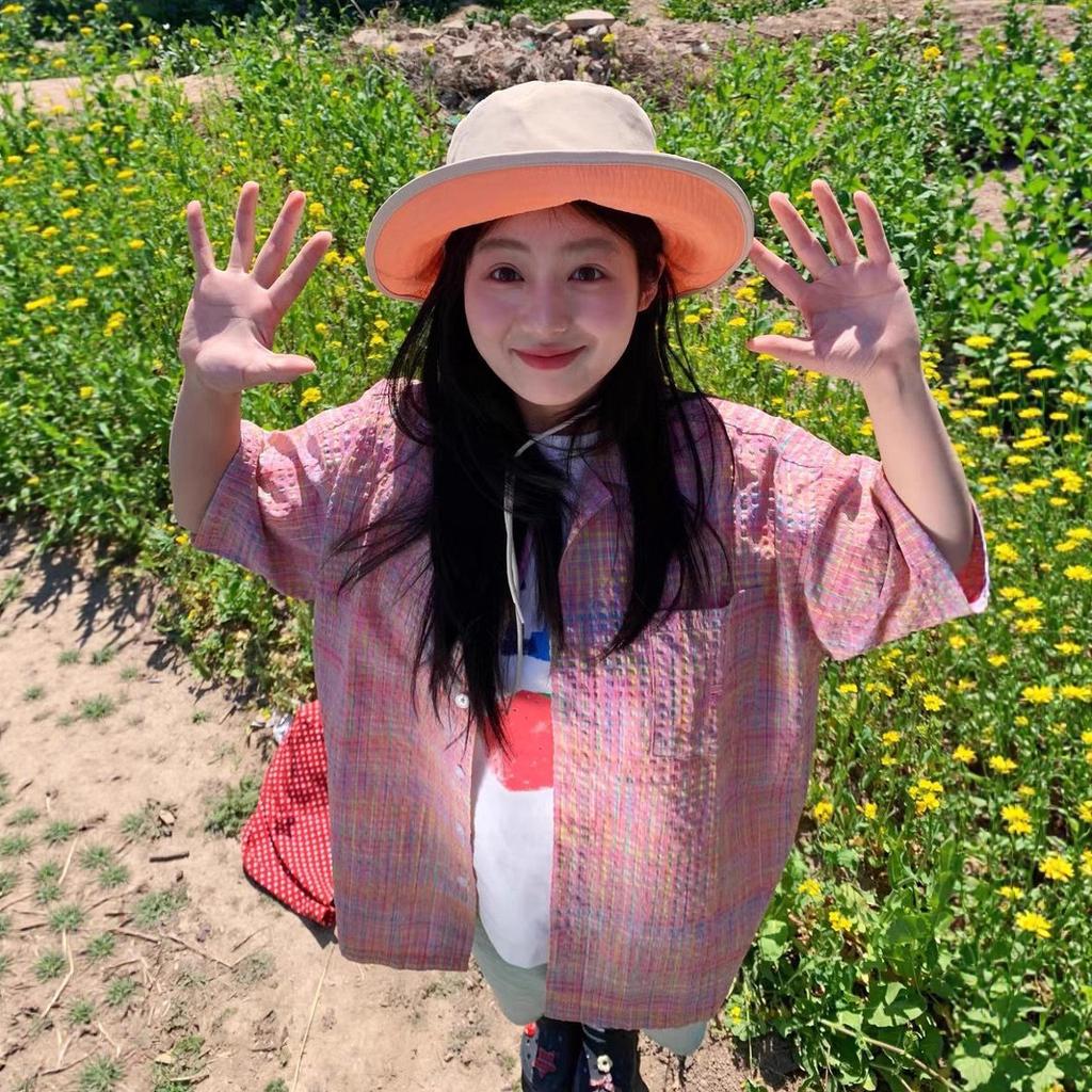 A New Summer Hong Kong-style High-end Blouse for Women with A Loose and Slimming Plaid Polo Collar