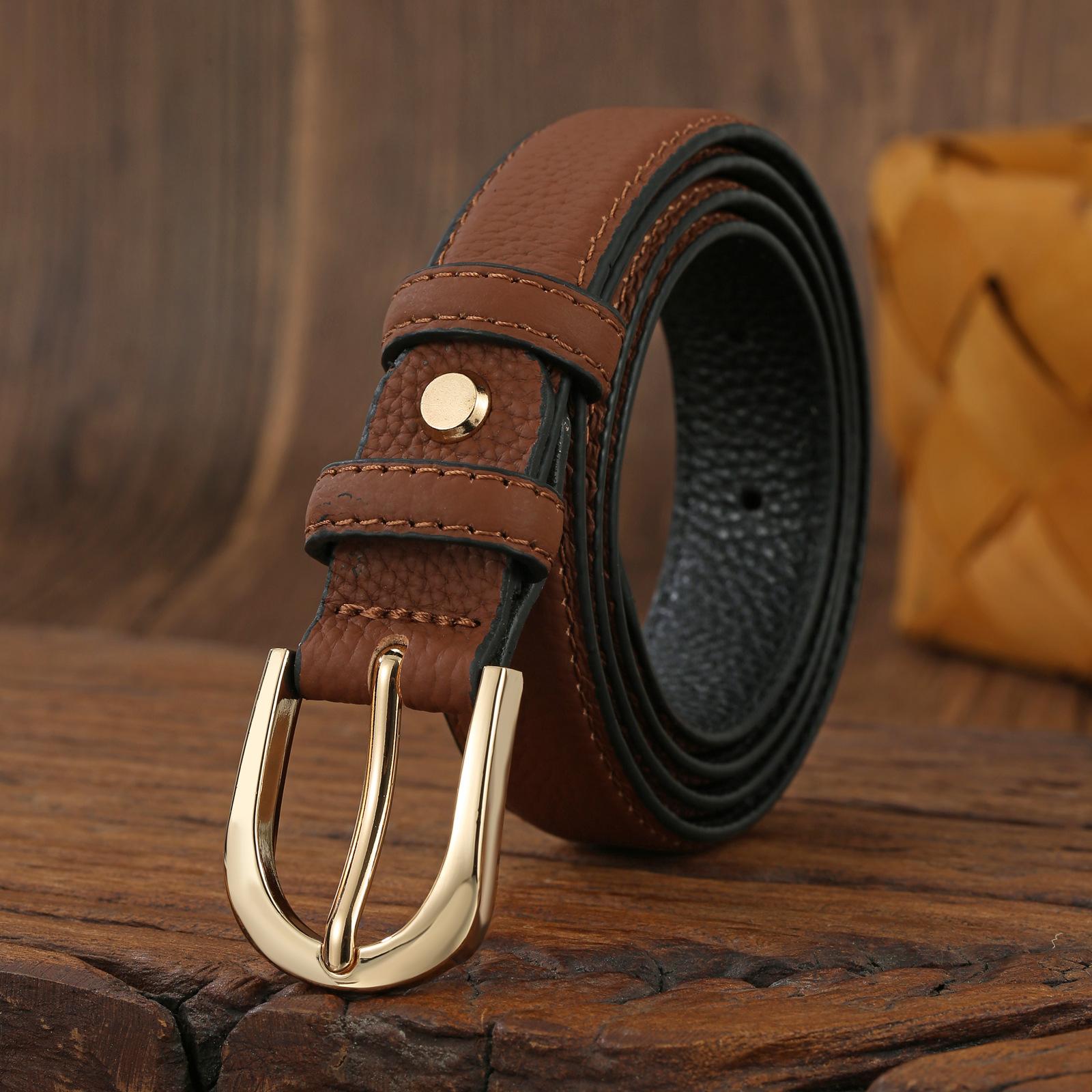 

Женский кожаный ремень с пряжкой, темпераментный простой тонкий ремень с юбкой, ретро-золотой ремень 102cm темно-коричневого