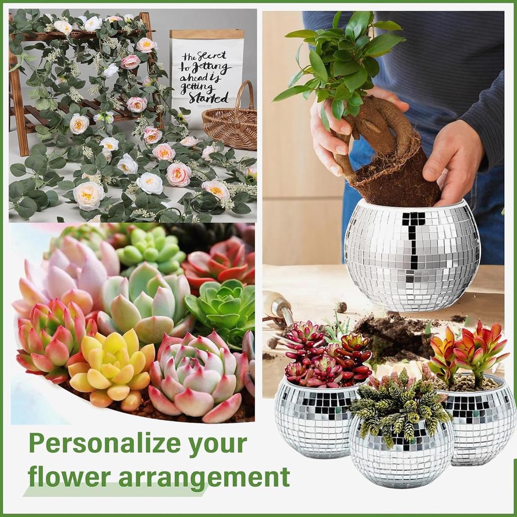 Disco Ball Planter,Disco Ball Vase,Disco Ball Flower Pot,Disco Ball Bowl,Disco Plant Holder,Silver Mirror Glass Disco Ball Decor Vase for Table