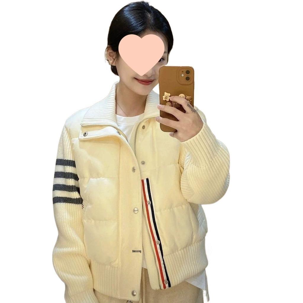 2025 Women's Fashionable Quilted Knit Patchwork Jacket - Lightweight, Warm Cotton-padded Coat with Stand Collar for Spring, Autumn, and Winter