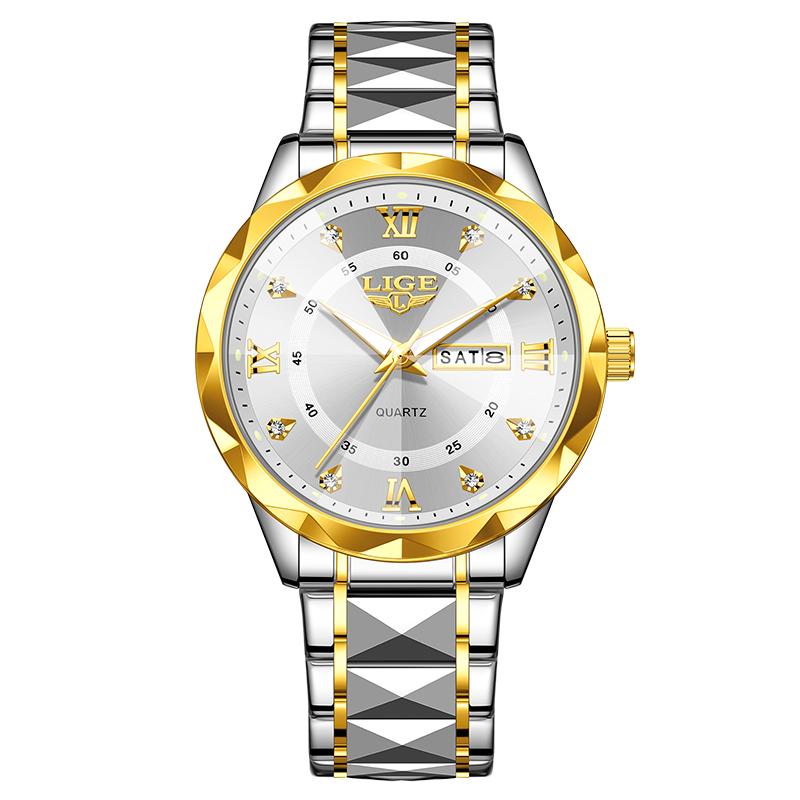 LIGE Top Brand Luxury Men's Watches Waterproof Diamond Luminous Calendar Week Watch For Man Casual Stainless Steel Quartz Watch