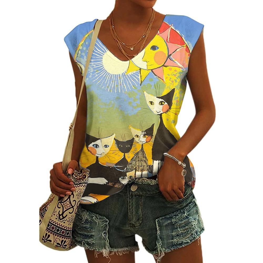 Women's Sleeveless T-shirts 3d Abstract Cat Print Vest Loose V-Neck T-shirts & Blouse Summer Breathable Basic Tops Tees
