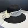 Summer elegant straw woven pearl mesh sunshade straw hat female bow French sunscreen hat seaside bucket hat basin hat