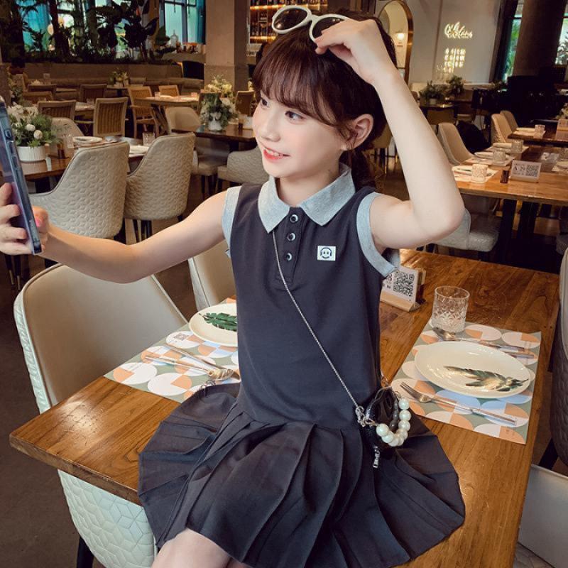 Girls Summer Polo Collar Pleated Dress Sleeveless Vest Skirt For Big Kids 110