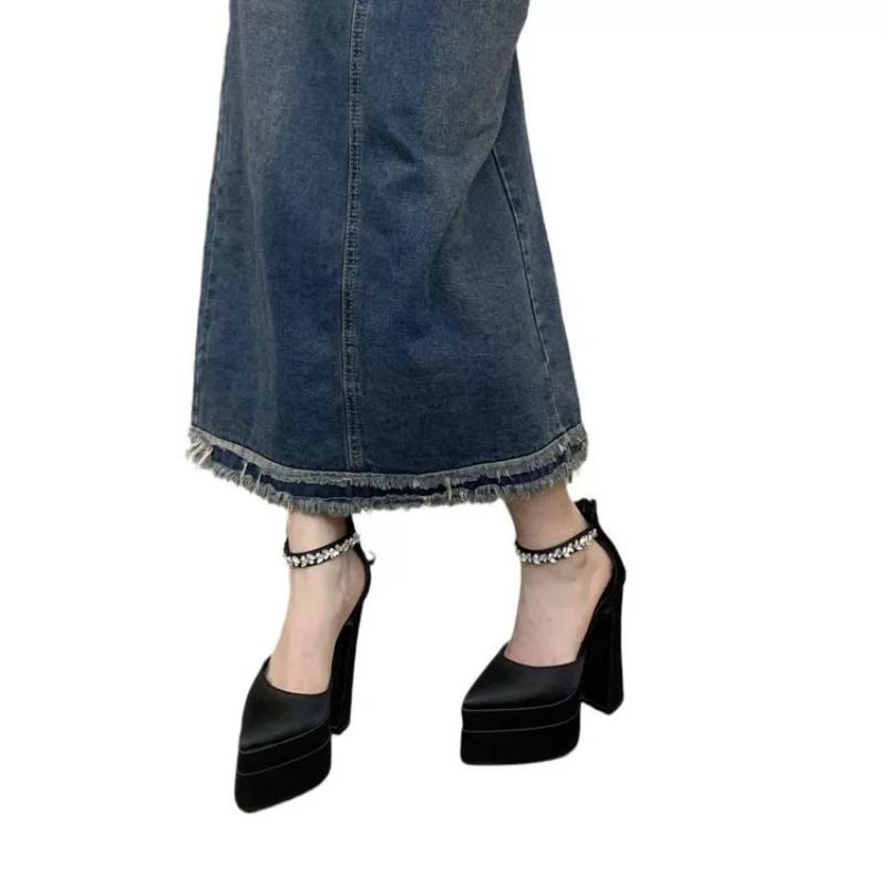 Sandali Neri Estivi 2025 con Tacco Alto da Donna, Tacco Grosso, a Punta, Fondo Spesso, Sandali da Donna