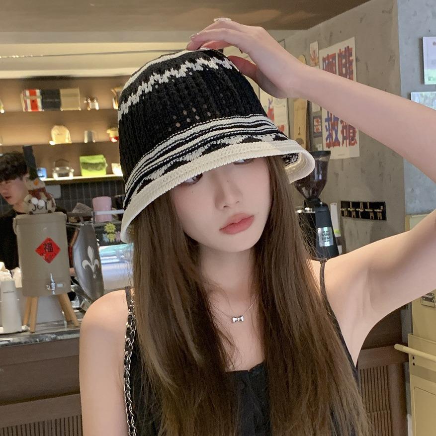 Handwoven Bucket Hat Female Dome Versatile Face Small Summer Hollow Niche Retro Bucket Hat Tide