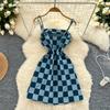 Summer Women Vintage Spaghetti Strap Designer Plaid Denim Party Mini Short Dresses