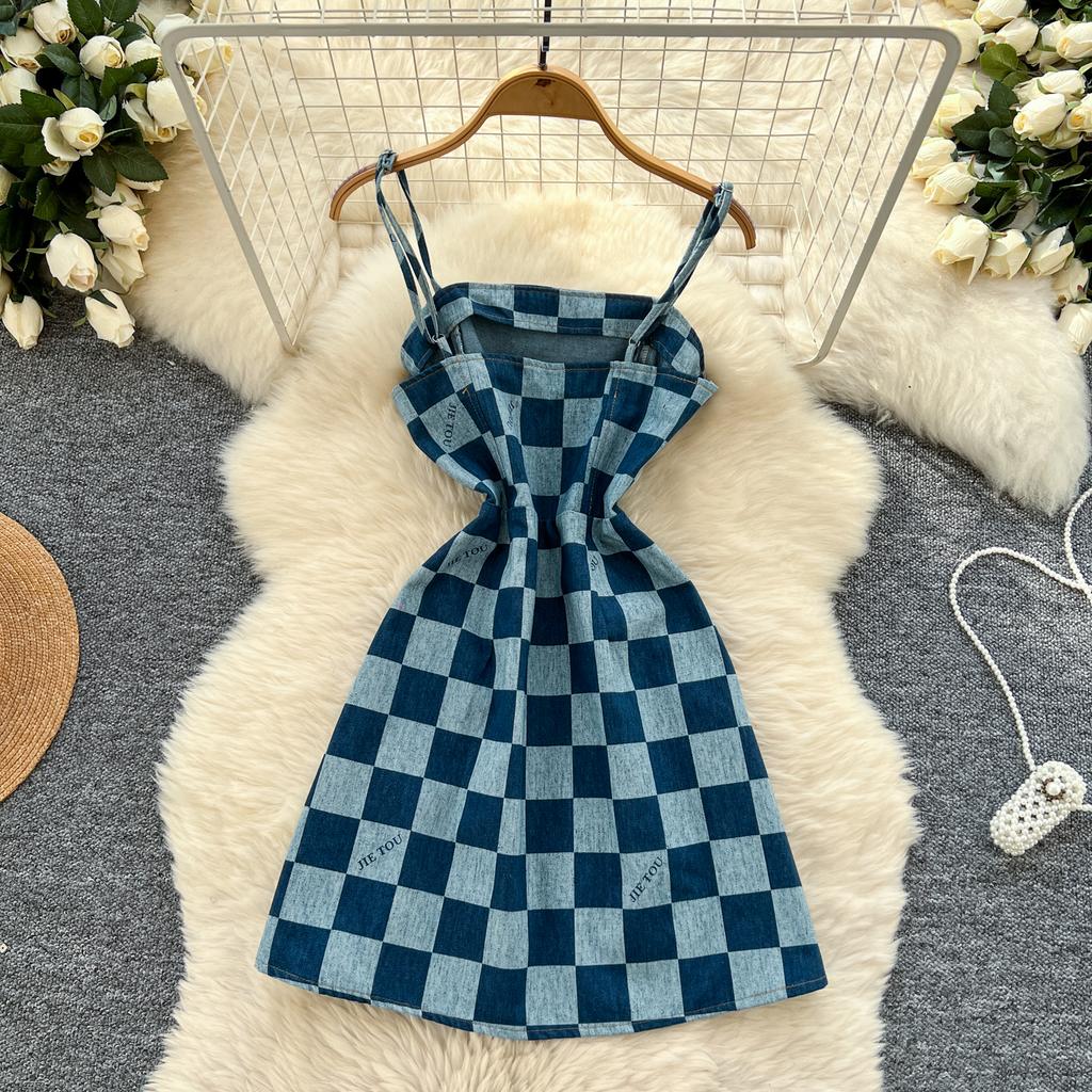 Summer Women Vintage Spaghetti Strap Designer Plaid Denim Party Mini Short Dresses