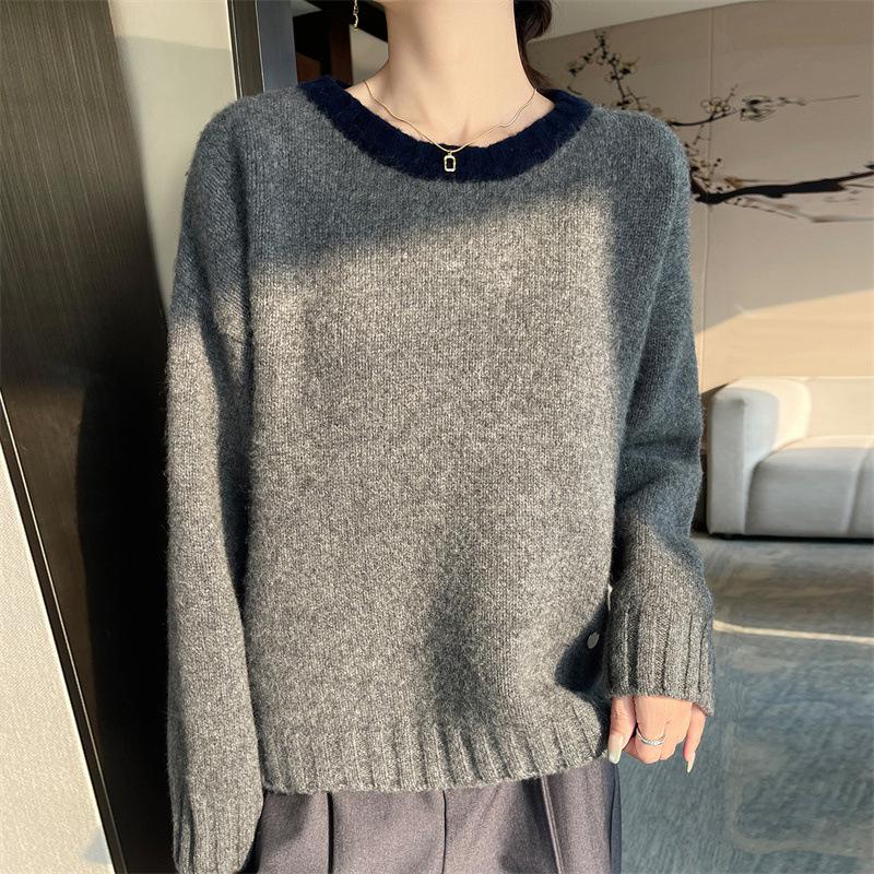Women's Color Block Pure Wool Round Neck Knit Sweater - Slimming, Loose Fit, Autumn/Winter Style