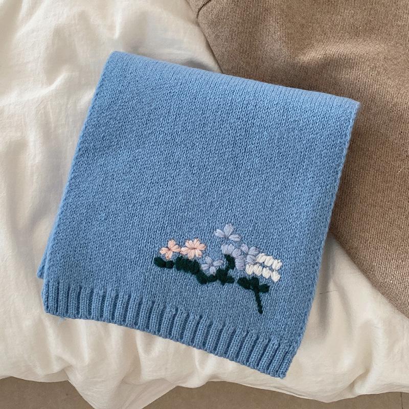 New Autumn and Winter Knitted Scarf with Embroidered Small Flowers Warm Neck Protection Scarf Autumn and Winter Atmosphere Warm Korean Style Scarf