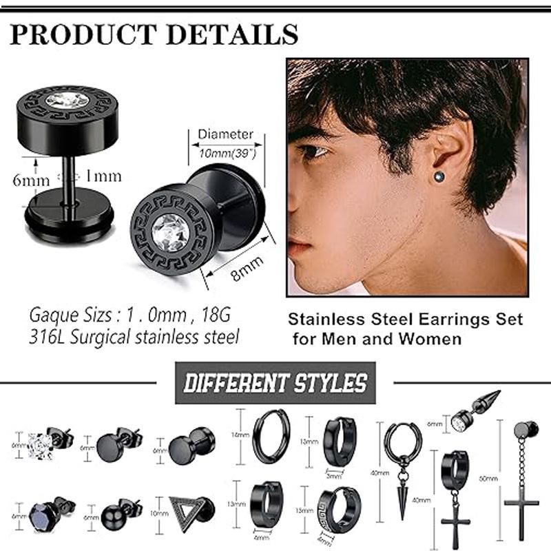 Black Stainless Steel Cross Hoop Earring Set for Men - High-End Electroplated Fashion Jewelry Studs