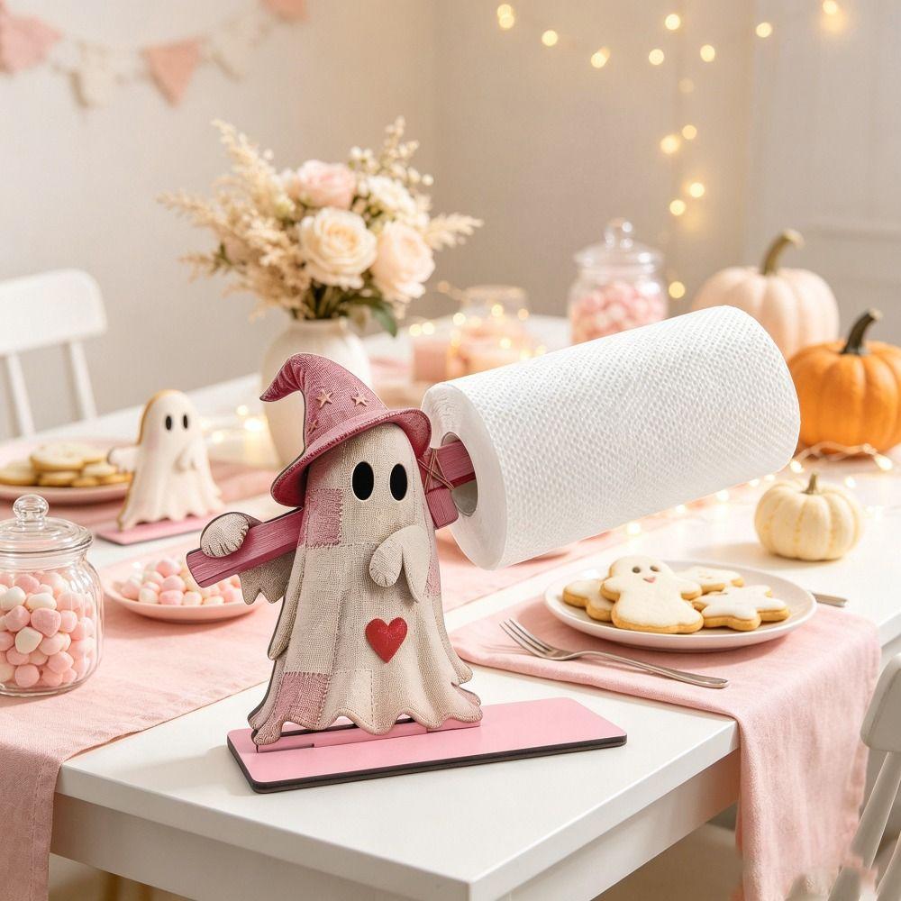 Wooden Toilet Paper Holder Cute Ghost Style Sturdy Construction Freestanding Tissue Holder Stable Base Easy Installation