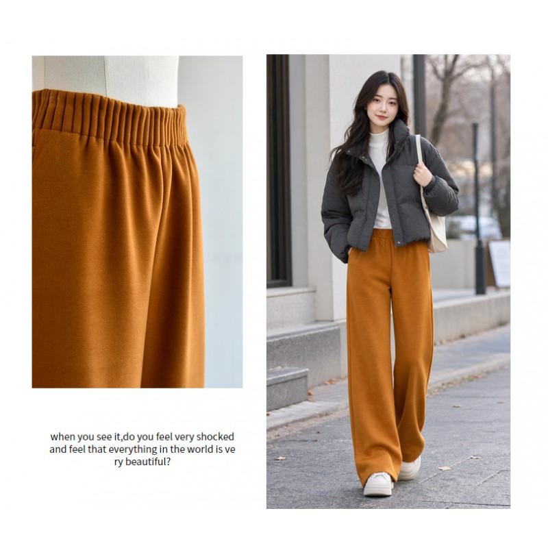 Womens Winter Warm Wide Leg Pants High Waist Thick Pleated Trousers Casual Loose Fit Elastic