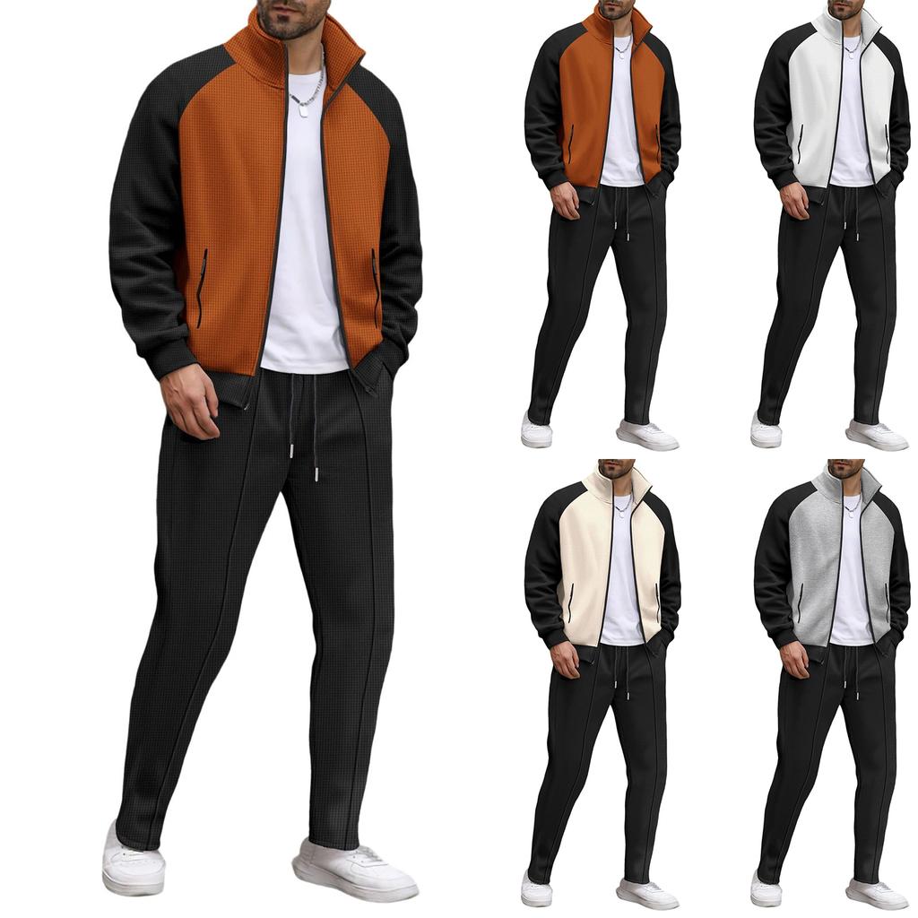 Men  Waverg  Zipper  Pocket  Flip Collar  Self-Cultivation  Cardigan  Jacket  Set