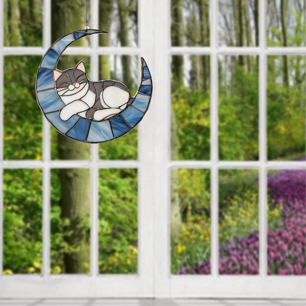 Acrylic Stained Glass Style Blue Moon Cat Window Hanging, Lightweight Faux Stained Glass Suncatcher for Home Decor, Cat Wall Decoration, Ideal for