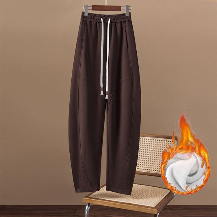 2024 Women's Korean Wide-Leg High-Waist Velvet Pants - Autumn/Winter Collection with Drawstring and Loose Fit.