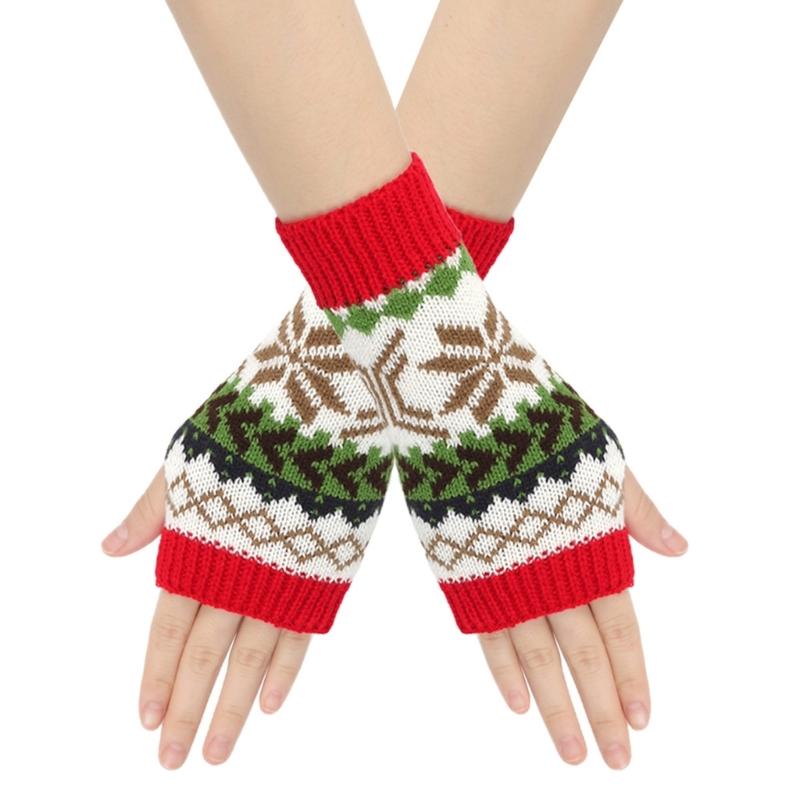 Women Jacquard Gloves Christmas Theme Fingerless Gloves Winter Autumn Handwear