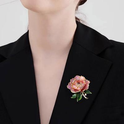 Women Brooch Sparkling Rhinestones Enamel Peony Shape Lapel Pin Suits Coats Bags Scarves Badge Versatile Accessory