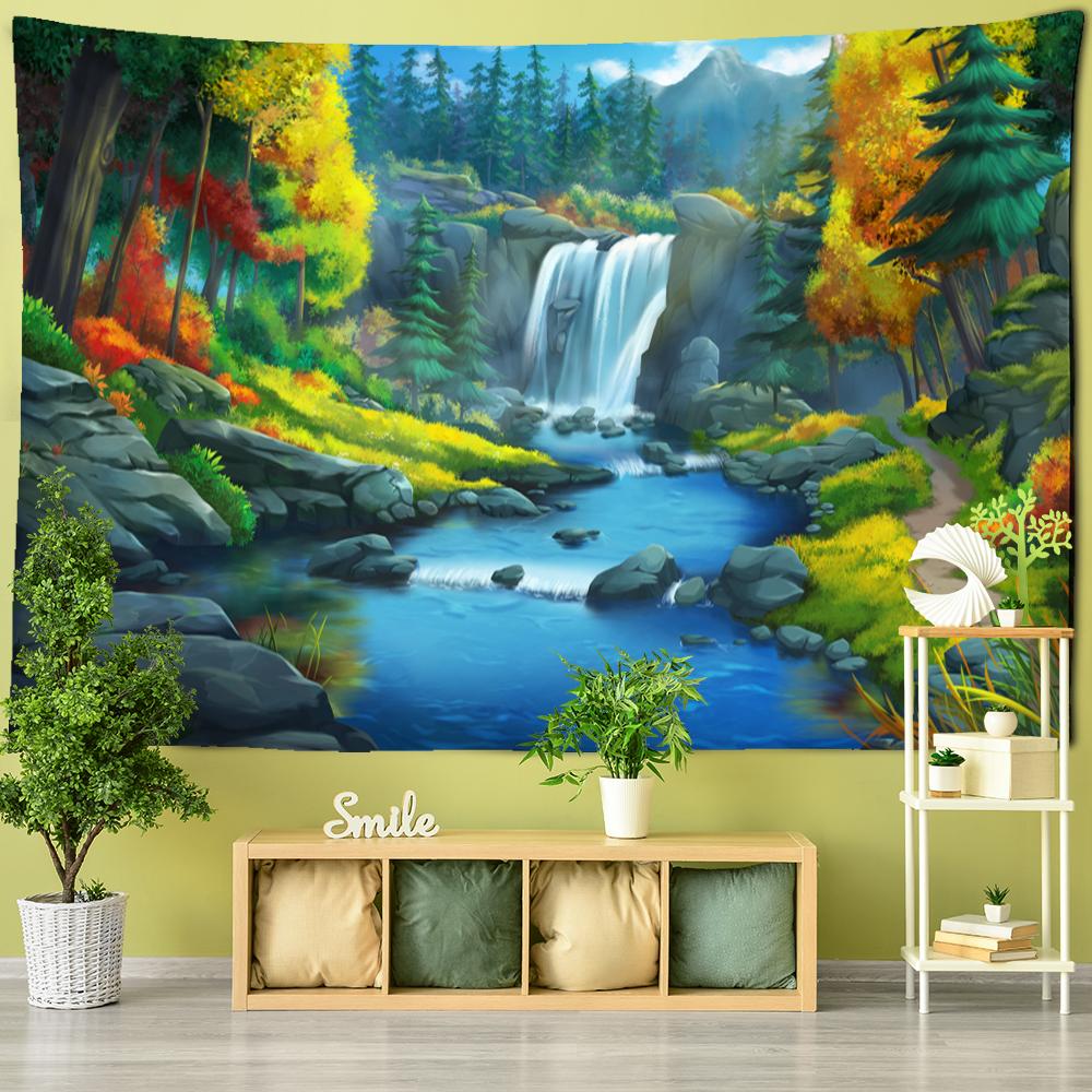 Wasserfall-Illustration Wandteppich Hängen Boho Psychedelic Natur Landschaft Kunst Hippie Home Decor Hintergrund Stoff